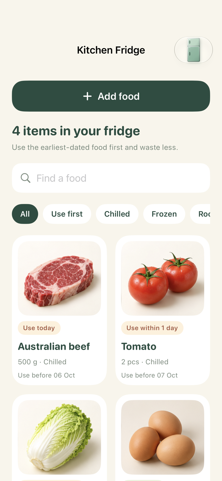 Foodtim inventory interface showing sample beef and tomatoes with use-first dates.